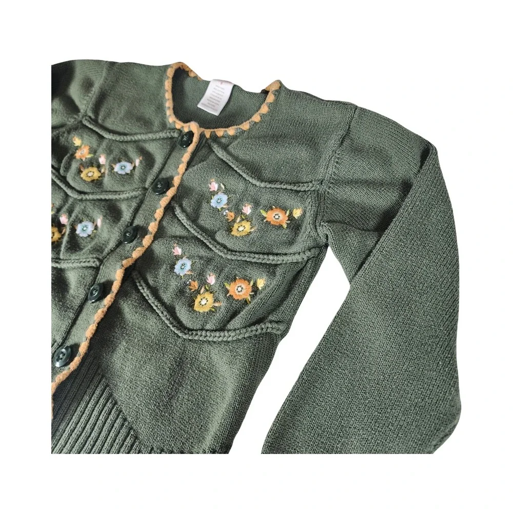 Vintage Gymboree Girls Green Floral Embroidered Cardigan‎ Sweater Size 8 2006